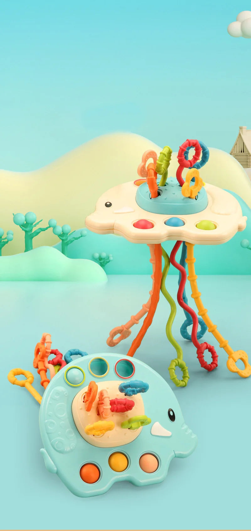 Baby Montessori Pull String Sensory Toys – Teething & Activity Silicone Toys for 6-12 Months