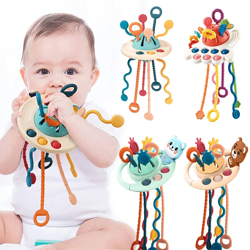 Baby Montessori Pull String Sensory Toys – Teething & Activity Silicone Toys for 6-12 Months
