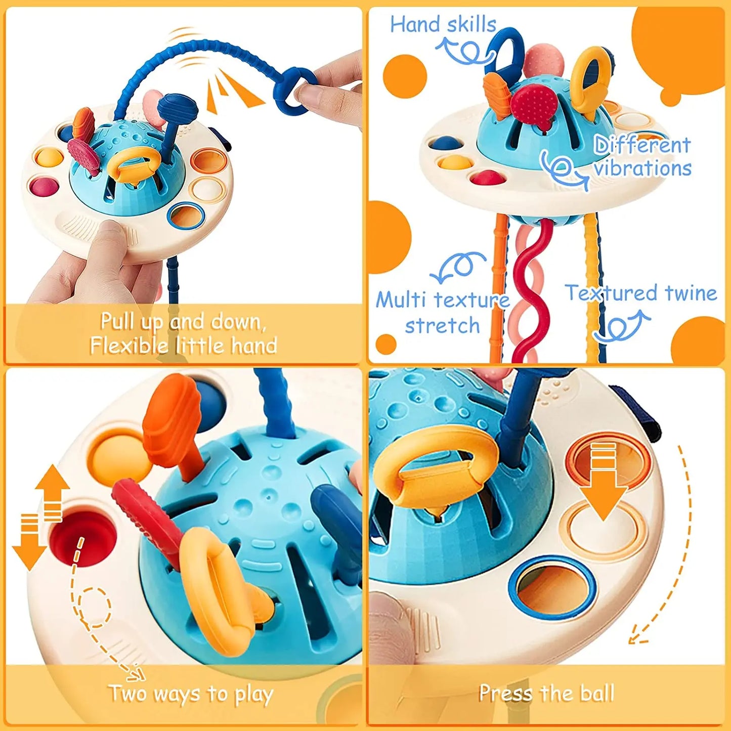 Baby Montessori Pull String Sensory Toys – Teething & Activity Silicone Toys for 6-12 Months
