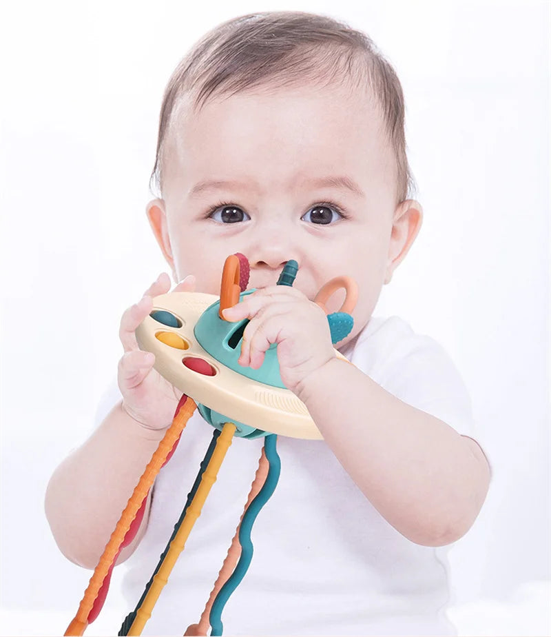 Baby Montessori Pull String Sensory Toys – Teething & Activity Silicone Toys for 6-12 Months