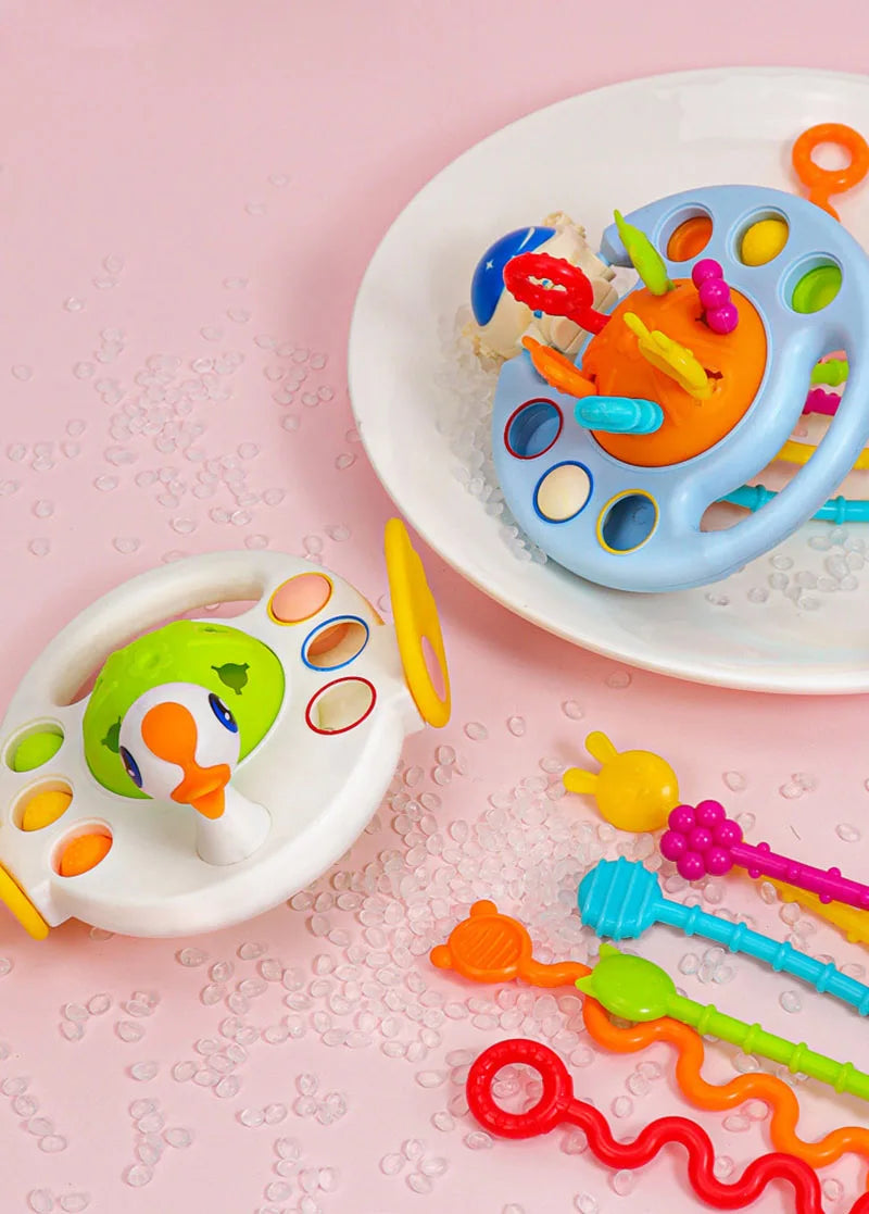 Baby Montessori Pull String Sensory Toys – Teething & Activity Silicone Toys for 6-12 Months