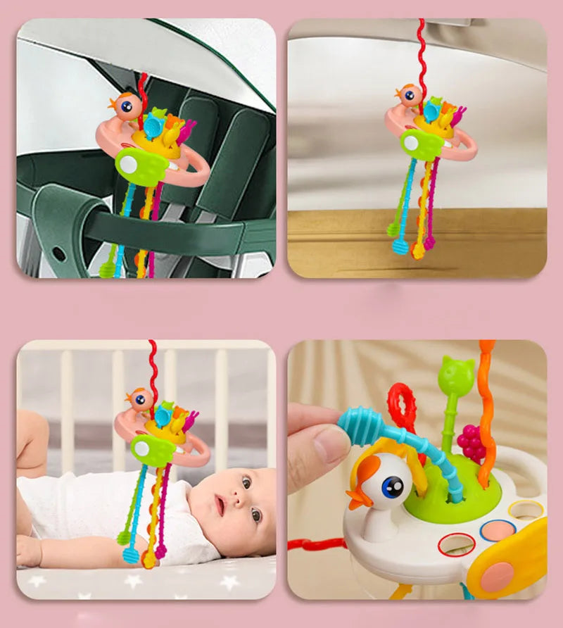 Baby Montessori Pull String Sensory Toys – Teething & Activity Silicone Toys for 6-12 Months