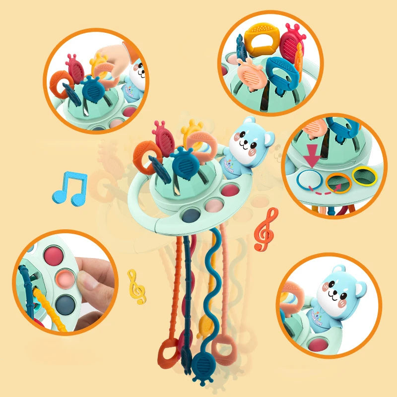 Baby Montessori Pull String Sensory Toys – Teething & Activity Silicone Toys for 6-12 Months