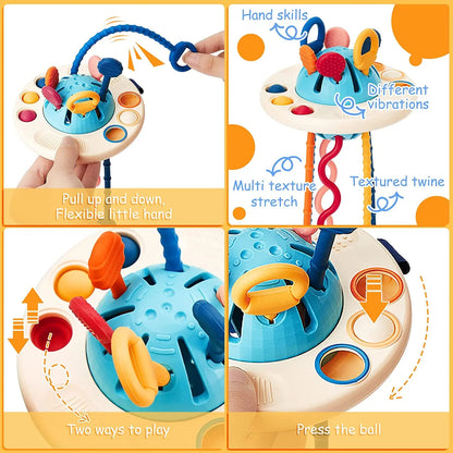 Baby Montessori Pull String Sensory Toys – Teething & Activity Silicone Toys for 6-12 Months