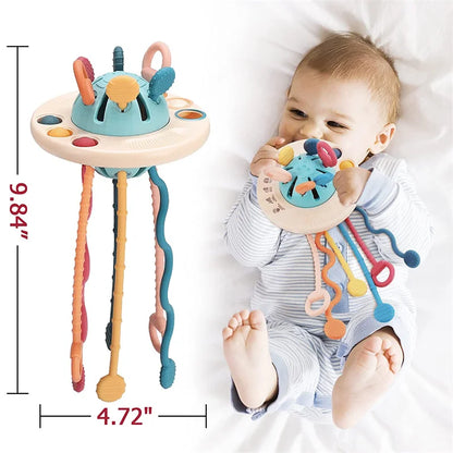 Baby Montessori Pull String Sensory Toys – Teething & Activity Silicone Toys for 6-12 Months