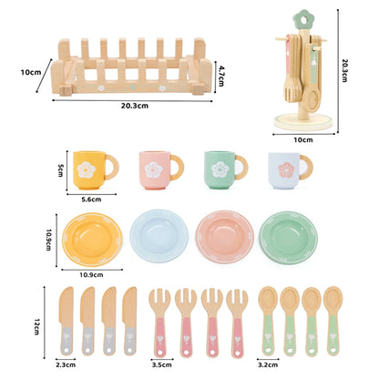 Wooden Kitchen and Tableware Playset for Kids